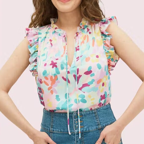 Kate Spade Painted Petals Tie-Neck Ruffle Floral Blouse Top Shirt - Picture 6 of 7